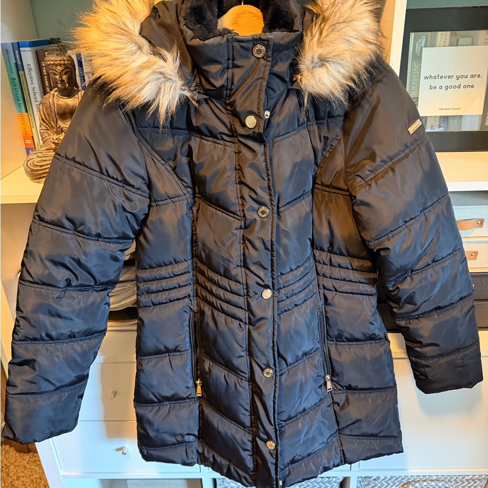 Laundry By Shelli Segal Dark Blue Puffer Jacket with Faux Fur Trim